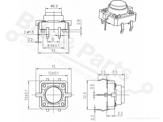 Microswitch drukknop (maakcontact) 12x12mm met LED rood